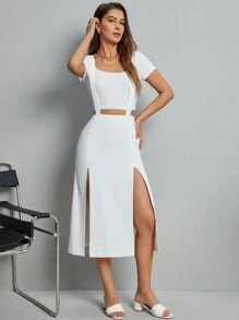 SHEIN Essnce Women's Solid Color Suspender High Side Split Midi Skirt - White - View 1