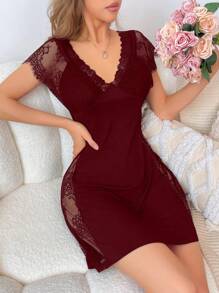 V-Neck Lace Patchwork Sleep Dress Pajama Dress - Burgundy - View 4