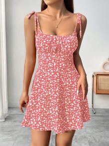 Breezaya Vestido Curto Mulheres Estampa Floral Miúda Halterneck Espaguete de Verão com Cintura Ajustável - Rosa chiclete - Visão 5
