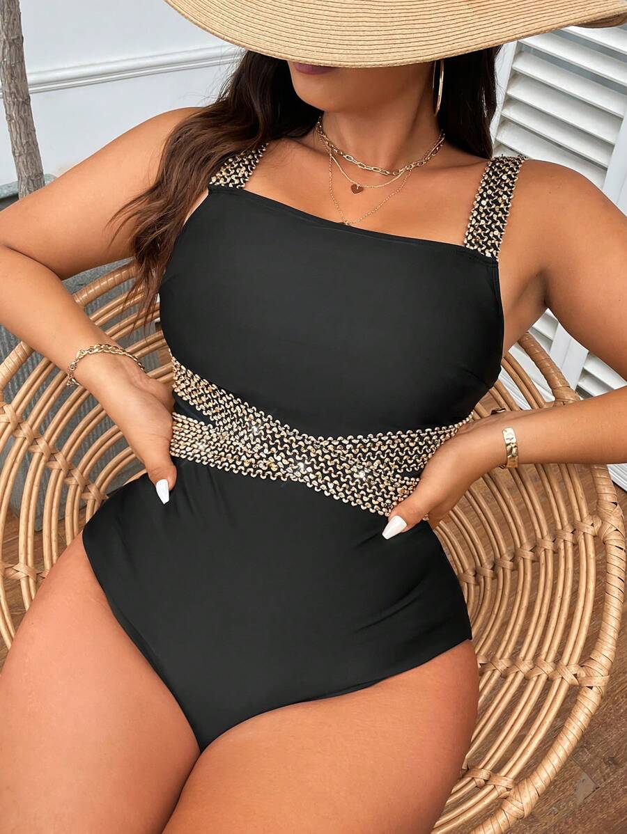 Swim Lushoire Summer Beach Plus Size Slimming One-Piece Swimsuit With Woven Straps - Black - View 1
