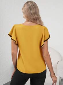 SHEIN Clasi Women's Contrast Color Lace Floral & Ruffle Hem Blouse,Short Sleeve Tops - Yellow - View 2