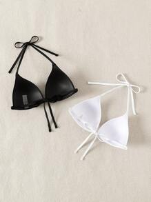 SHEIN Swim 夏季海滩女士露背系带泳衣上衣嘉年华 - 黑與白 - 查看 4
