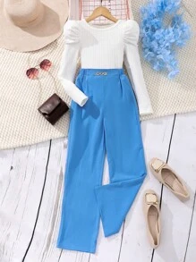 2pcs/Set Tween Girls' Round Neck Leg-Of-Mutton Sleeve Top And Pants - Blue - View 1