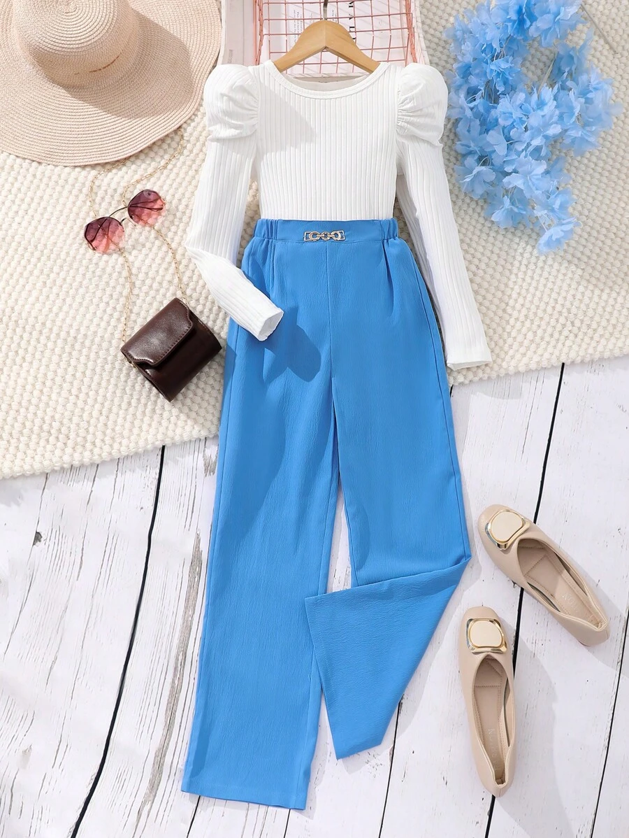 2pcs/Set Tween Girls' Round Neck Leg-Of-Mutton Sleeve Top And Pants - Blue - View 1