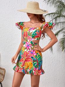 SHEIN VCAY Của phụ nữ Bản in nhiệt đới Cắt ra Hình vuông Đường viền cổ áo Đầm Với Viền Ruffle - trắng - Xem 6
