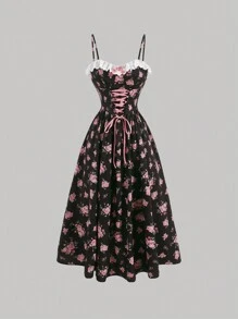 SHEIN MOD 印花前繫帶吊帶洋裝 - 黑色 - 查看 1