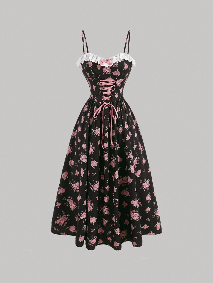 SHEIN MOD 印花前繫帶吊帶洋裝 - 黑色 - 查看 1