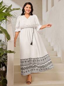 Mulvari Robe Grande Taille À Manches À Volants Avec Imprimé Géométrique - Blanc - Voir 7