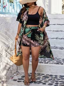 SHEIN Clasi Plus Size Summer Boho Set Of Random Printed Kimono Top And Shorts With Slant Pockets - Black - View 3