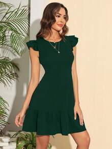 Spring/Summer Green Double Layered Ruffle Sleeve A-Line Dress - Dark Green - View 3