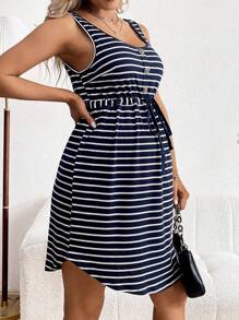 SHEIN Maternity Striped Drawstring Waist Sleeveless Dress - Navy Blue - View 5