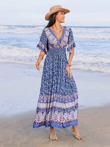Rusttydustty Woman Blue Floral Print Cross V Neck Flare Sleeve Extra Long Dress Boho Coachella Music Festival Beach Outfits Beach Outfits Tropical Vacation Easter
