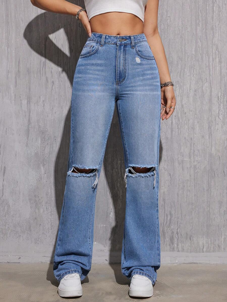 SHEIN PETITE Women's Casual Ripped Straight Leg Jeans, Summer - Medium Wash - View 1