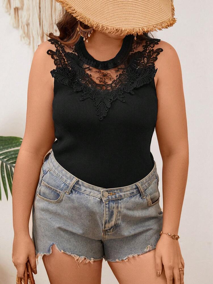 Plus Size Lace Patchwork Round Neck Sleeveless Knit Top