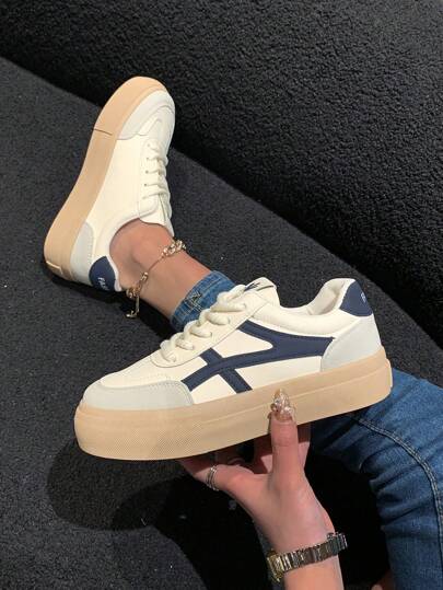 Ladies' Color Block White Sneakers, Spring & Autumn New Stylish Pair Of Shoes, Lightweight & Comfortable Blue Casual Sports Shoes