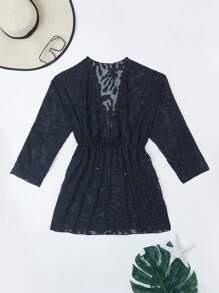 Swim Vcay Beach Outfits For Woman Women's Solid Color Deep V-Neck Cut-Out Batwing Sleeve Cover Up, For Vacation, Summer Beach - Black - View 4