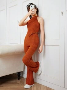 SHEIN Leap Crew Teen Girls' Rib Knit Fuzzy Texture Halter Top With Lettuce Hem And Flared Pants Set - Burnt Orange - View 7