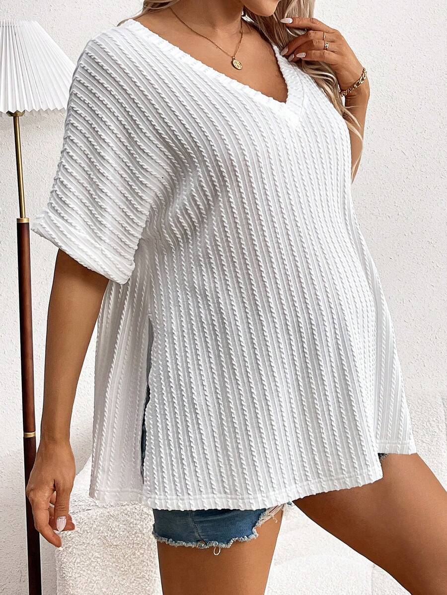 SHEIN Thai sản Cổ chữ V Ngắn tay Viền chia cắt Lỏng lẻo phù hợp Giải trí Áo thun , Mùa hè - trắng - Xem 1