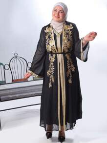 Al Najma 大碼刺繡拼接夾克和緞帶拼接連衣裙 - 黑色 - 查看 3