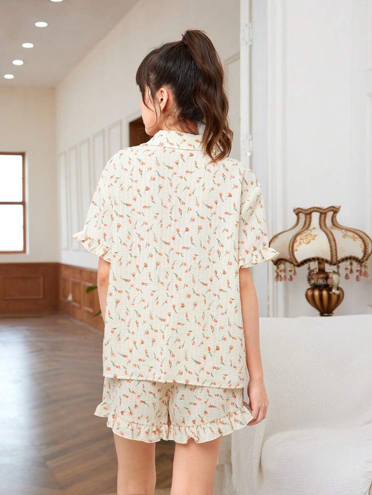 Teen Girl Floral Print Shirt With Patch Pocket And Ruffle Hem Shorts Casual Home Outfit