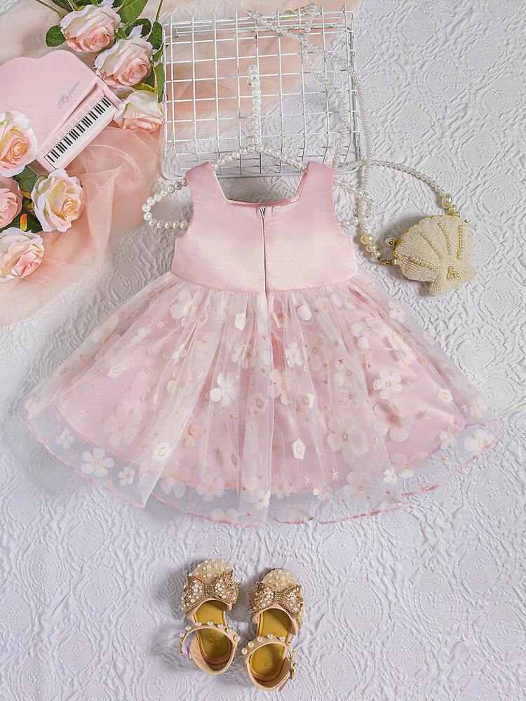 Baby Girl Elegant Mesh Splice Dress With Bow Decoration