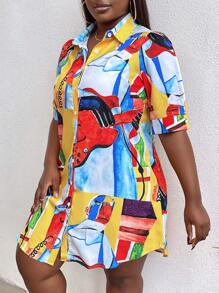 Breezaya Vestido De Camisa De Talla Grande Con Botones Y Estampado De Guitarra - Multicolor - Ver 1