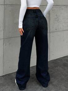 EURMUSE High Waisted Straight Leg Casual Jeans - Dark Wash - View 2