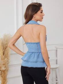 SHEIN Privé Women's Single-Breasted, Ruffled Hem Denim Halter Top - Light Wash - View 2