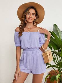 SHEIN VCAY Của phụ nữ Màu thuần Off Shoulder Ngắn tay Eo Buộc Romper - Màu xanh lam - Xem 5
