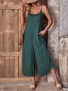 SHEIN VCAY 素色隱藏口袋吊帶連體褲 - 綠色 - 查看 1