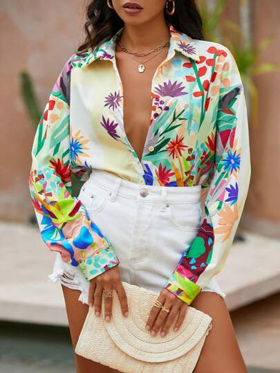SHEIN VCAY Vacation Open-Front Women's Loose Floral Print Drop Shoulder Long Sleeve Shirt