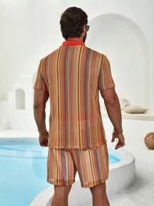 Manfinity RSRT Men'S Colorful Striped Shirt With Lapel Collar And Shorts Set - Multicolor - View 2