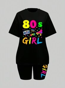 BamGleam Women's Letter Printed Round Neck T-Shirt And Shorts Set - Black - View 3