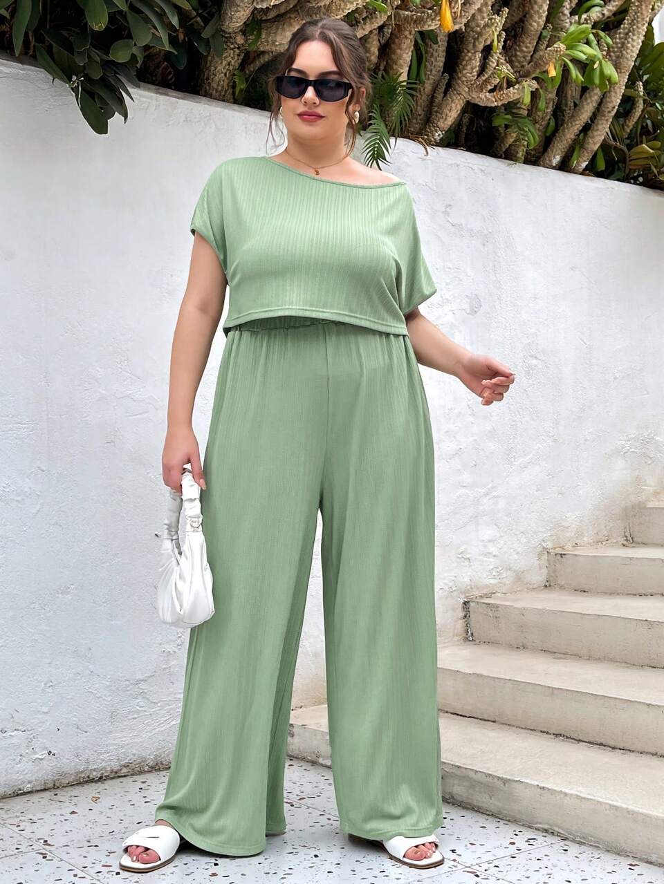 Plus Size Women's Summer Sage Green Two-Piece Set,Casual Everyday Loose Short-Sleeved Trousers Pants Suit,Vacation St. Patrick's Day Easter Clothes
