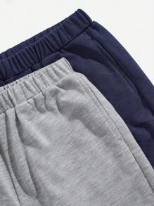 SHEIN 4 cái/bộ Cậu bé Tween Giải trí Phong cách đường phố Màu thuần Vòng cổ Ngắn tay Áo thun Với Vá chữ cái & Quần short Dệt kim In Hai Màu sắc - Nhiều màu - Xem 4