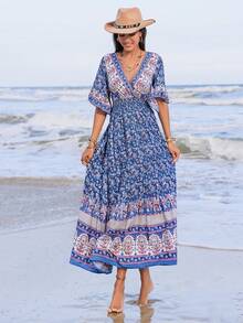 Rusttydustty Woman Blue Floral Print Cross V Neck Flare Sleeve Extra Long Dress Boho Coachella Music Festival Beach Outfits Beach Outfits Tropical Vacation Easter
