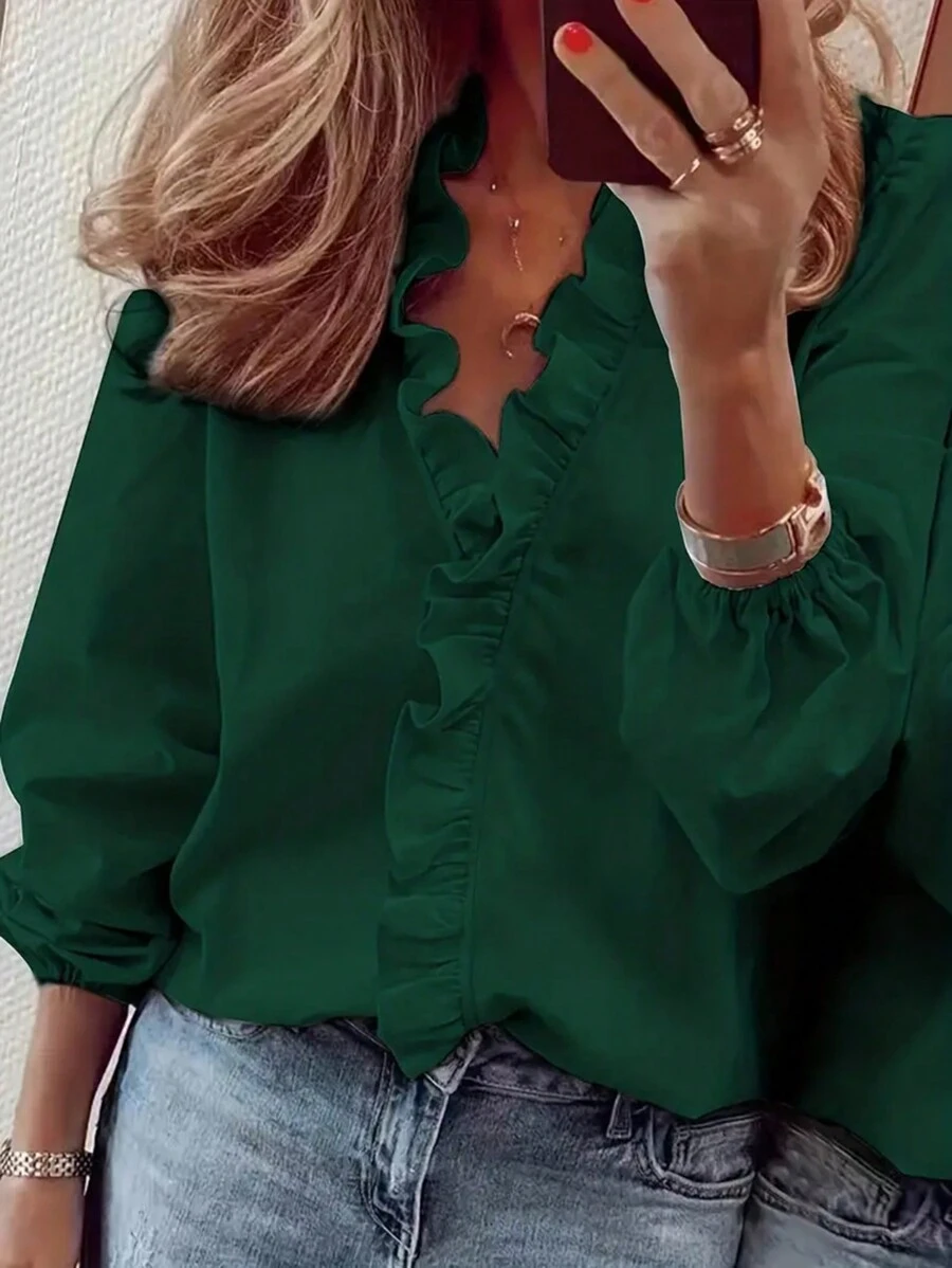 SHEIN LUNE Blusa Con Manga Farol Con Volante Y Adorno De Borde Con Color Sólido - Verde Oscuro - Ver 1