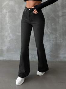 EURMUSE Washed Flared Jeans With Slanted Pockets - Black - View 5