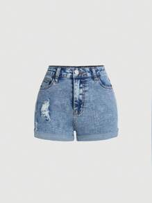 SHEIN Shorts di jeans da ragazza tween in stile boho Y2K per primavera/estate, strappati, con tasche oblique