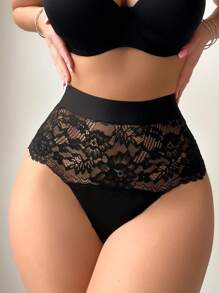 高腰撞色蕾丝性感丁字裤高腰内裤高腰三角裤高腰三角裤黑色三角裤 - 黑色 - 查看 1
