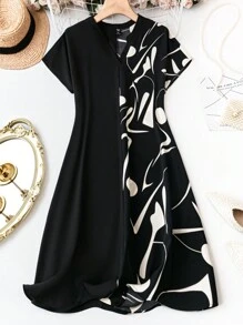 EMERY ROSE Plus Size Random Print Patchwork Notch Neckline Dress - Black and White - View 1