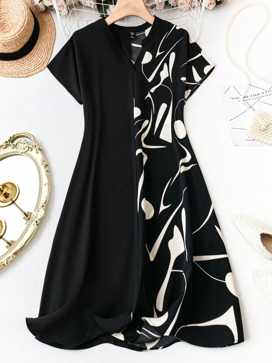 EMERY ROSE Plus Size Random Print Patchwork Notch Neckline Dress - Black and White - View 1