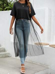 Chiquease 圓領網紗插片落肩短袖t恤 - 黑色 - 查看 4