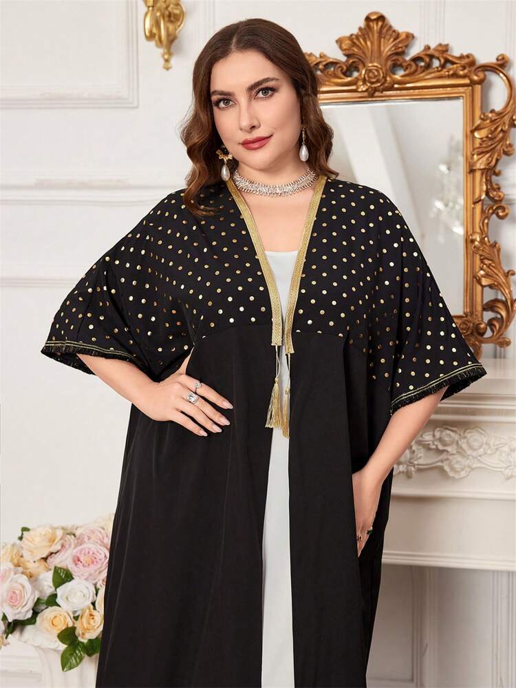 Plus Size Polka Dot Print Patchwork Woven Tape Jacket Abayas