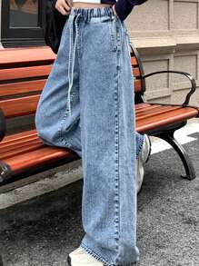 DAZY 女士抽绳腰带带口袋低腰牛仔裤