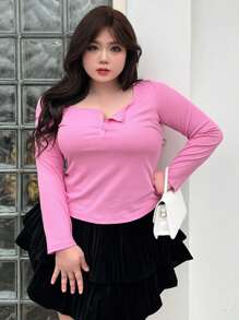 Dazy Plus Áo thun dệt kim gân dáng ôm màu trơn cỡ lớn tay dài - Màu Hồng Tươi - Xem 3