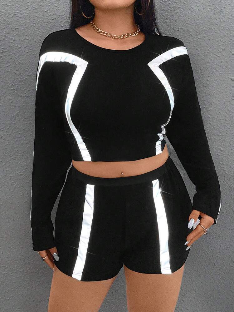 Plus Size Color-Block Crop Top And Shorts Set With Reflective Stripes