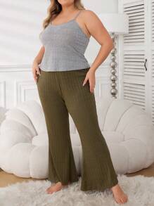 大尺碼女士純色肋紋背心和褲子睡衣套裝