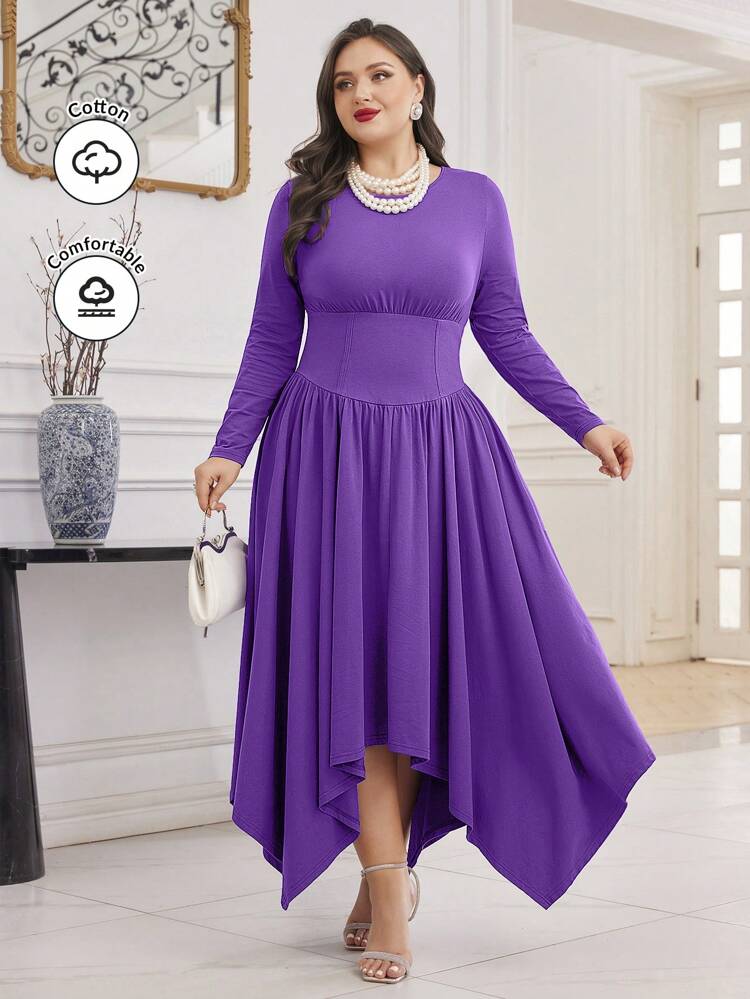 Plus Size Women's Round Neck Long Sleeve Asymmetrical Hem Dress, Wedding Guest Dress Long Evening Dresses
