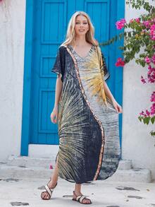 Women's V-Neck Contrast Color Beach Cover-Up Summer - Multicolor - View 5